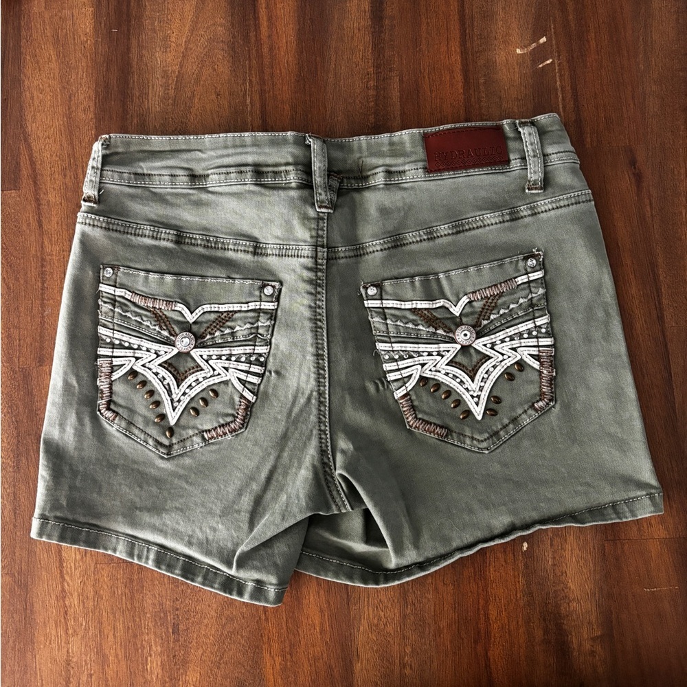 Hydraulic Distressed and Embellished Cutoff Ripped Green Lightwash Jean Shorts